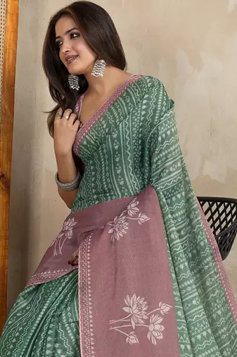 Green printed art silk designer pallu saree