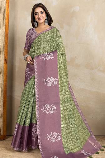 Mehendi printed art silk designer pallu saree