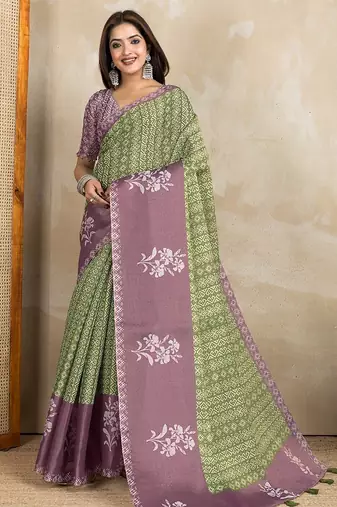 Mehendi printed art silk designer pallu saree