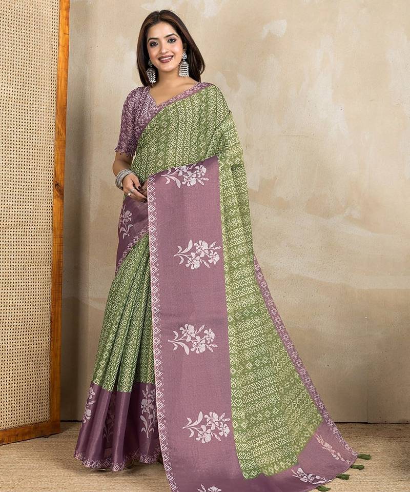 Mehendi printed art silk designer pallu saree