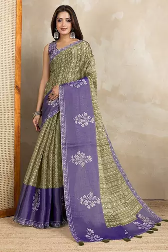 Mehendi printed art silk designer pallu saree