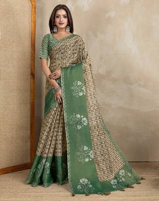 Brown printed art silk designer pallu saree 1