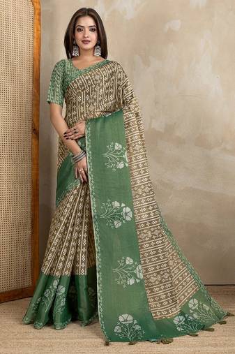 Brown printed art silk designer pallu saree