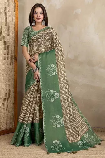 Brown printed art silk designer pallu saree
