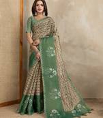 Brown printed art silk designer pallu saree