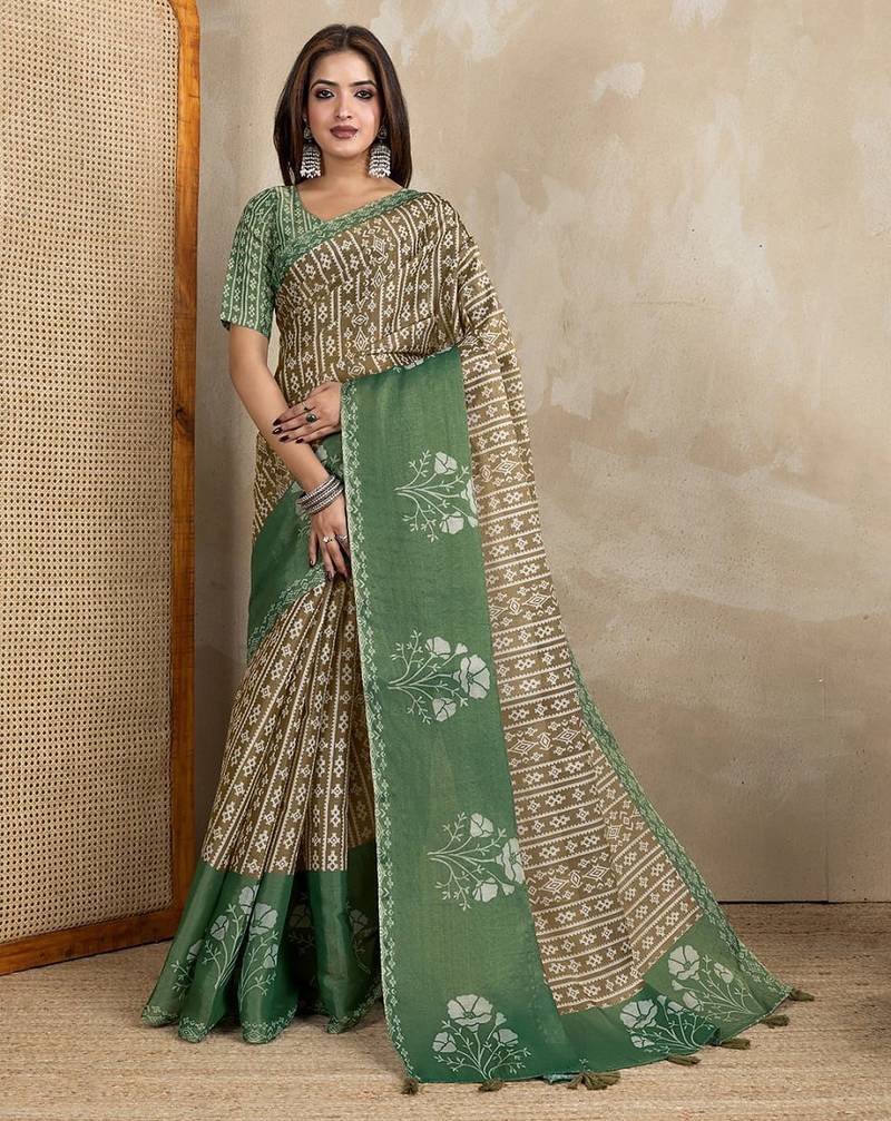 Brown printed art silk designer pallu saree