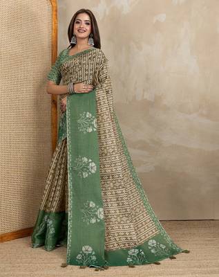 Brown printed art silk designer pallu saree 2