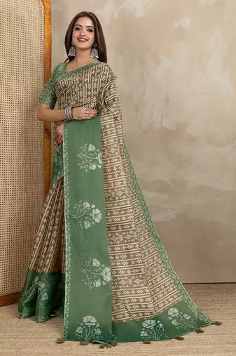Brown printed art silk designer pallu saree