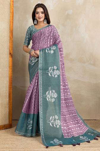 Purple printed art silk designer pallu saree