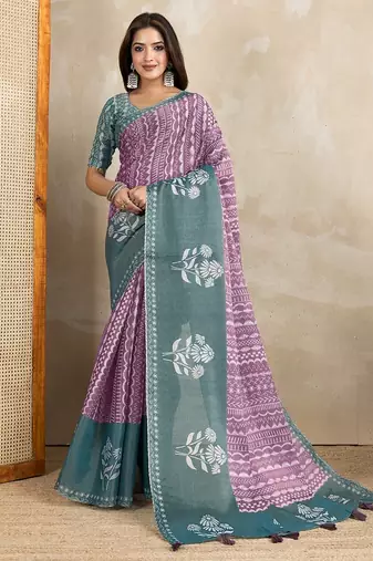 Purple printed art silk designer pallu saree