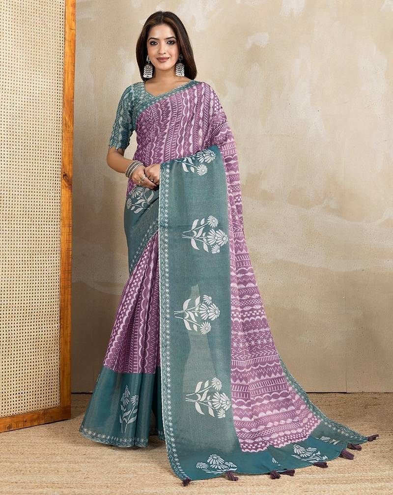Purple printed art silk designer pallu saree