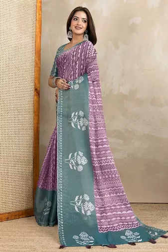 Purple printed art silk designer pallu saree