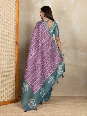 Purple printed art silk designer pallu saree 3