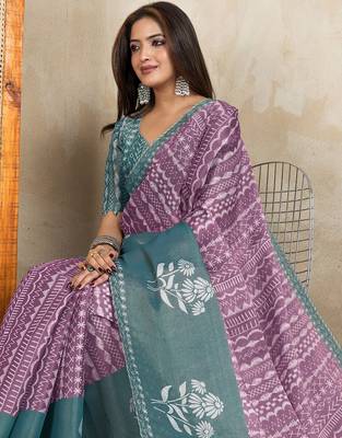 Purple printed art silk designer pallu saree 4