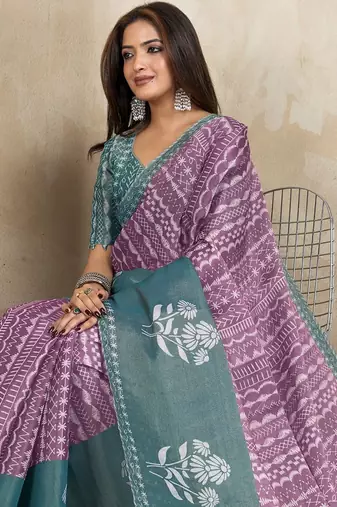 Purple printed art silk designer pallu saree