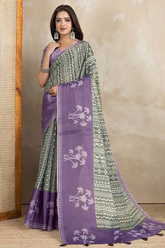 Green printed art silk designer pallu saree
