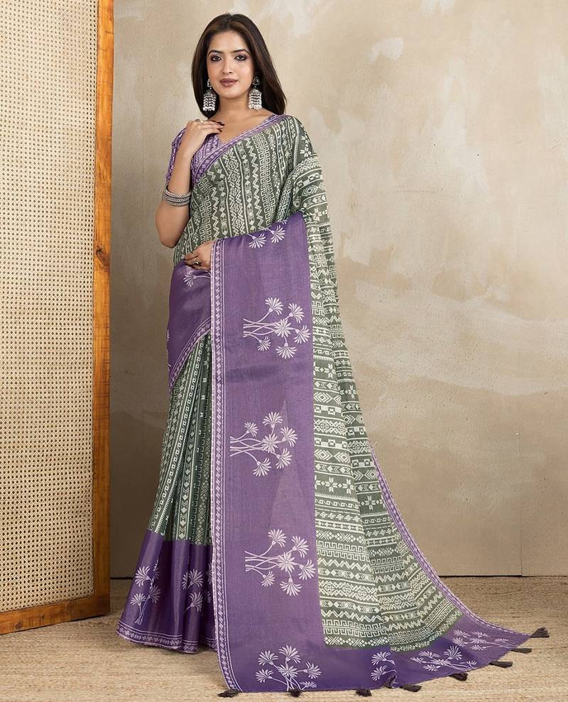 Green printed art silk designer pallu saree