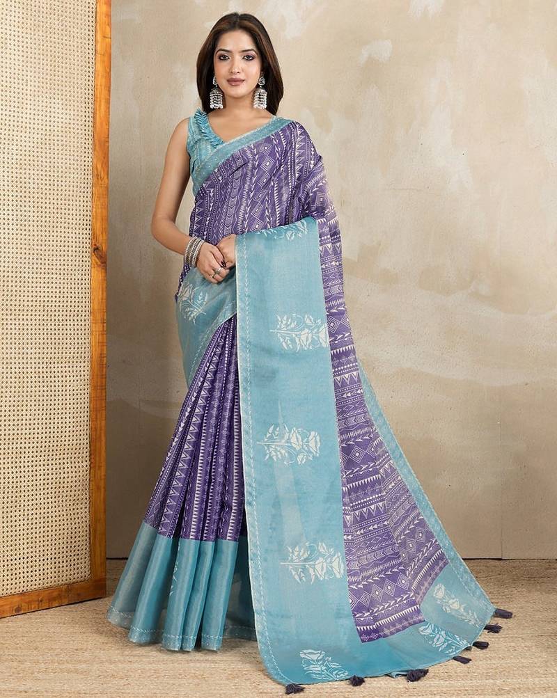 Purple printed art silk designer pallu saree