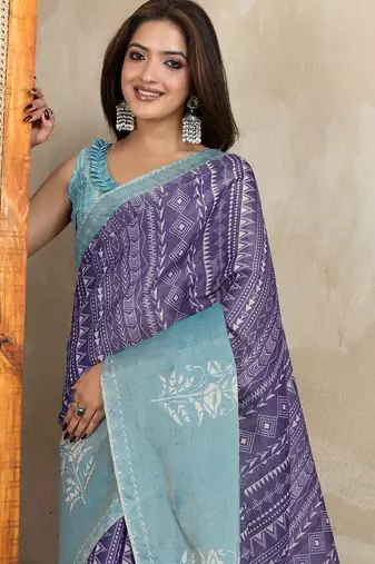 Purple printed art silk designer pallu saree