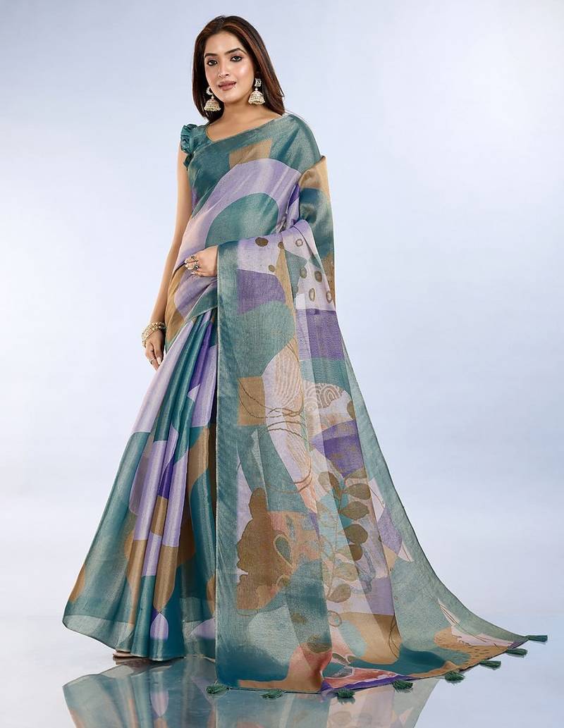 Multicolor printed art silk designer pallu saree