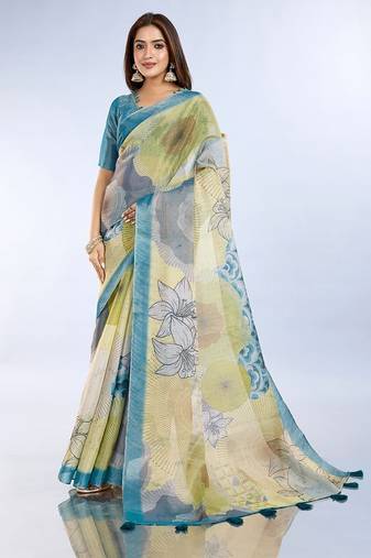 Light yellow printed art silk designer pallu saree