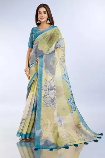 Light yellow printed art silk designer pallu saree
