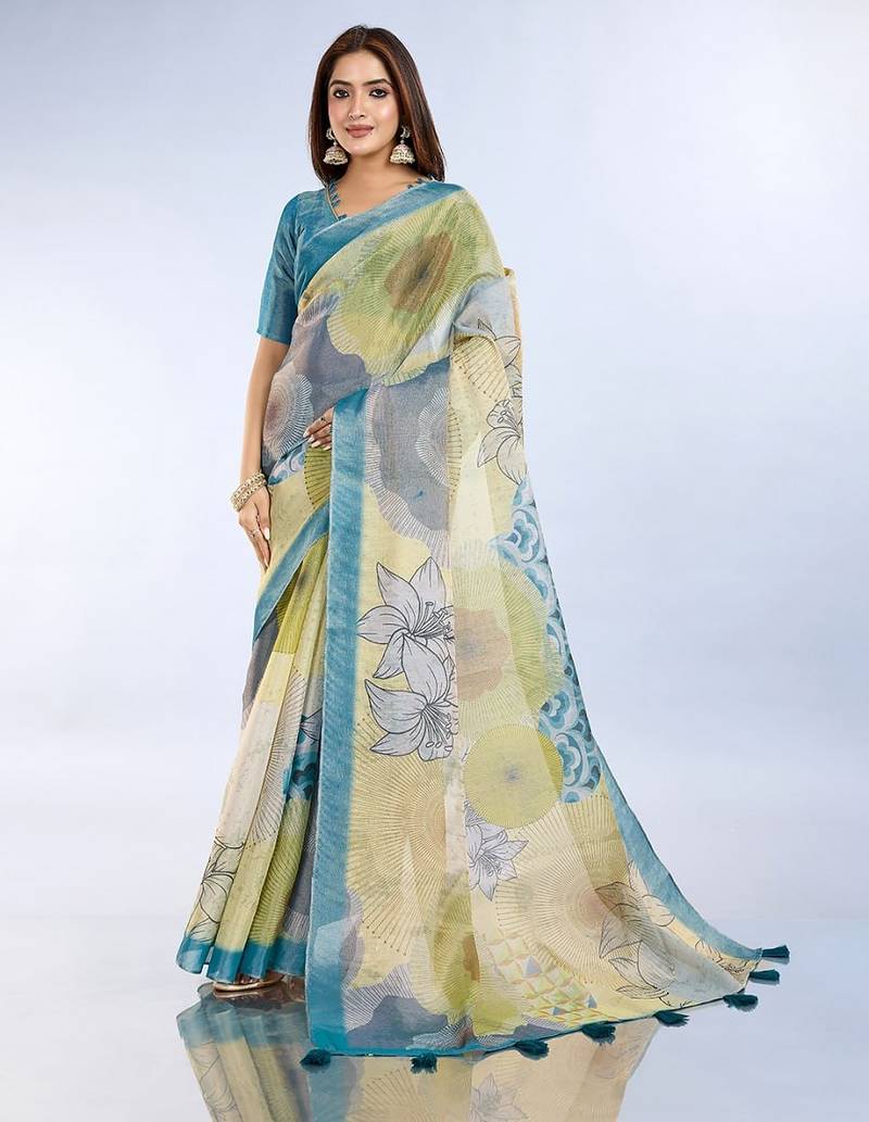 Light yellow printed art silk designer pallu saree