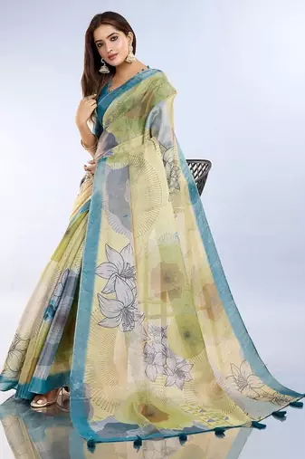 Light yellow printed art silk designer pallu saree