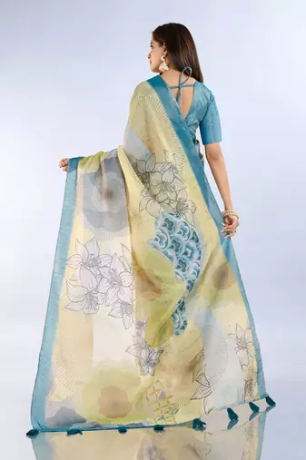 Light yellow printed art silk designer pallu saree