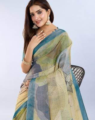 Light yellow printed art silk designer pallu saree 4
