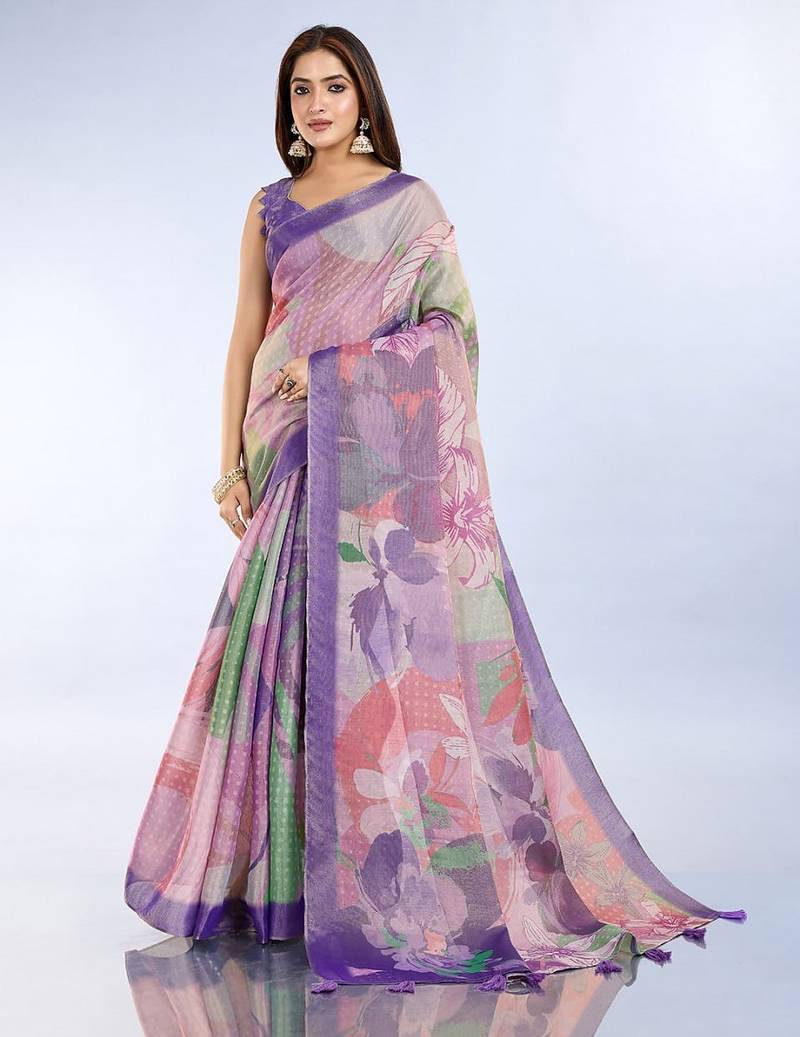 Multicolor printed art silk designer pallu saree