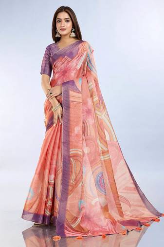 Peach printed art silk designer pallu saree