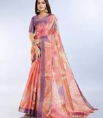 Peach printed art silk designer pallu saree