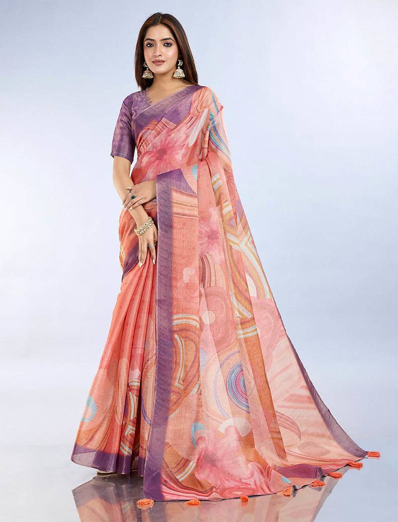 Peach printed art silk designer pallu saree