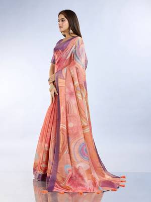 Peach printed art silk designer pallu saree 2