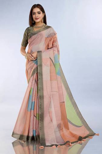 Light peach printed art silk designer pallu saree