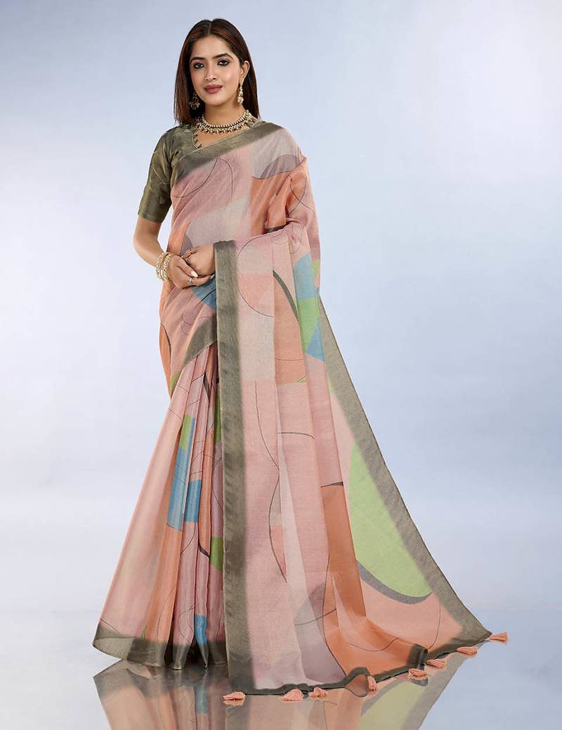 Light peach printed art silk designer pallu saree