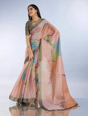 Light peach printed art silk designer pallu saree 2