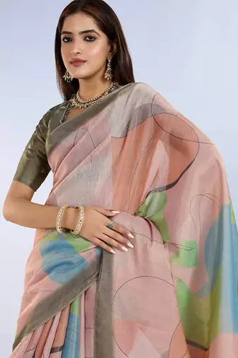 Light peach printed art silk designer pallu saree