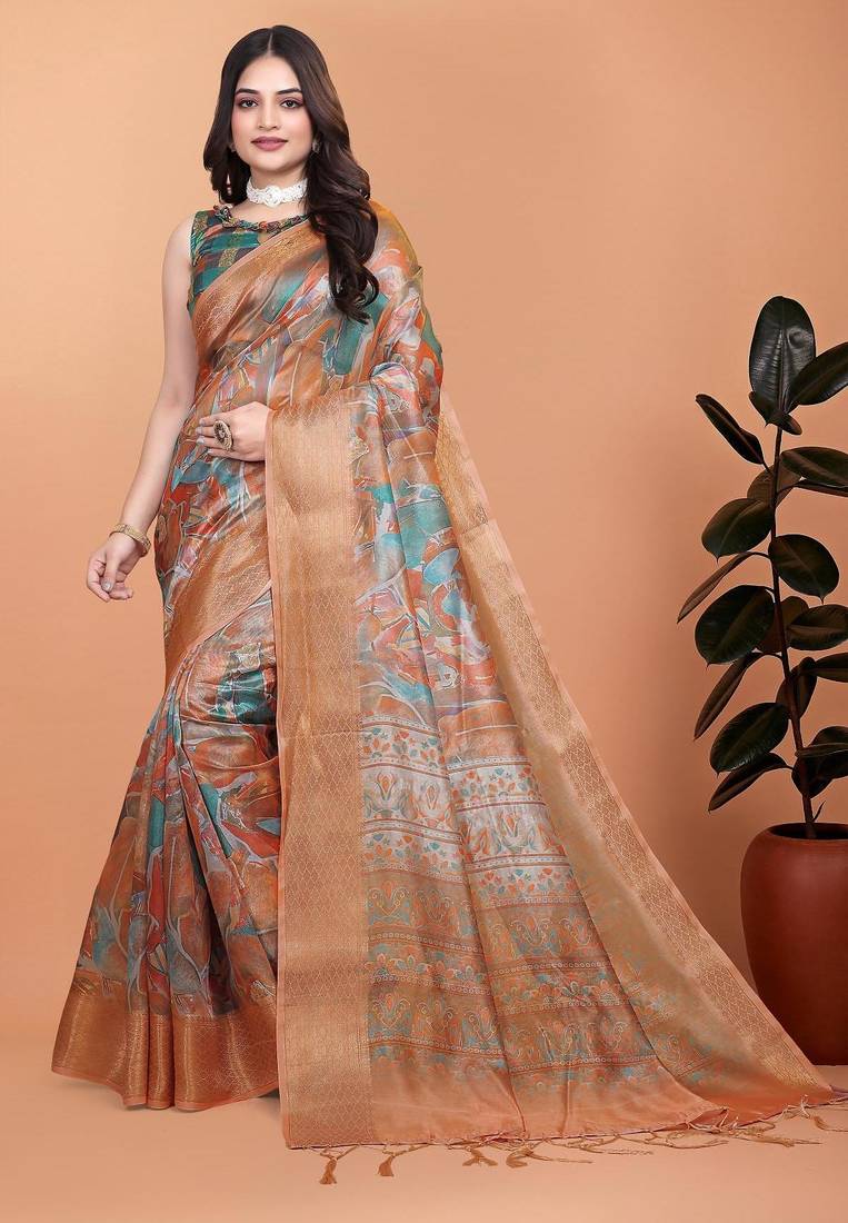 Multicolor printed art silk designer pallu saree