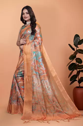 Multicolor printed art silk designer pallu saree