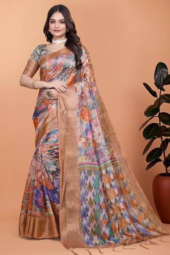 Multicolor printed art silk designer pallu saree
