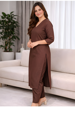 Solid Straight Brown Kurta Set for Women with Pant 3/4 Sleeve, V Neck Designer Kurta with Palazzo Pant Set 5