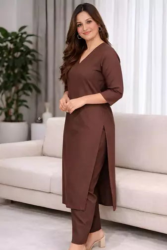 Solid Straight Brown Kurta Set for Women with Pant 3/4 Sleeve, V Neck Designer Kurta with Palazzo Pant Set
