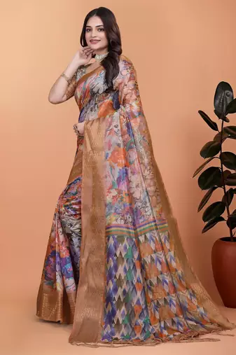 Multicolor printed art silk designer pallu saree