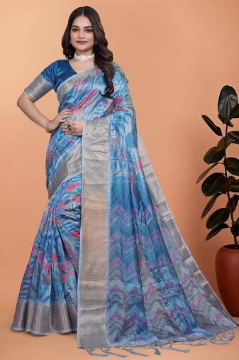 Teal printed art silk designer pallu saree