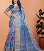 Teal printed art silk designer pallu saree