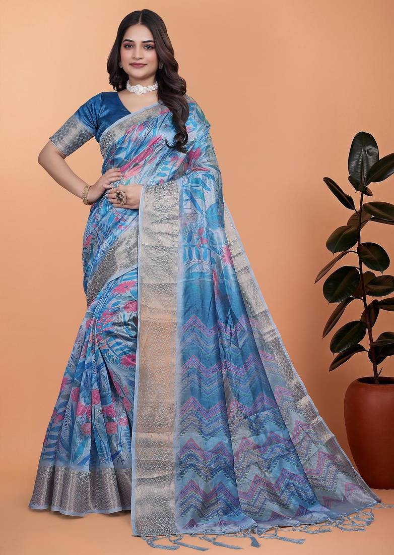 Teal printed art silk designer pallu saree