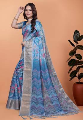 Teal printed art silk designer pallu saree 2