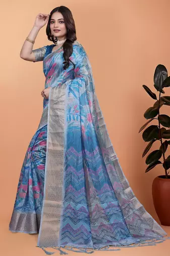 Teal printed art silk designer pallu saree